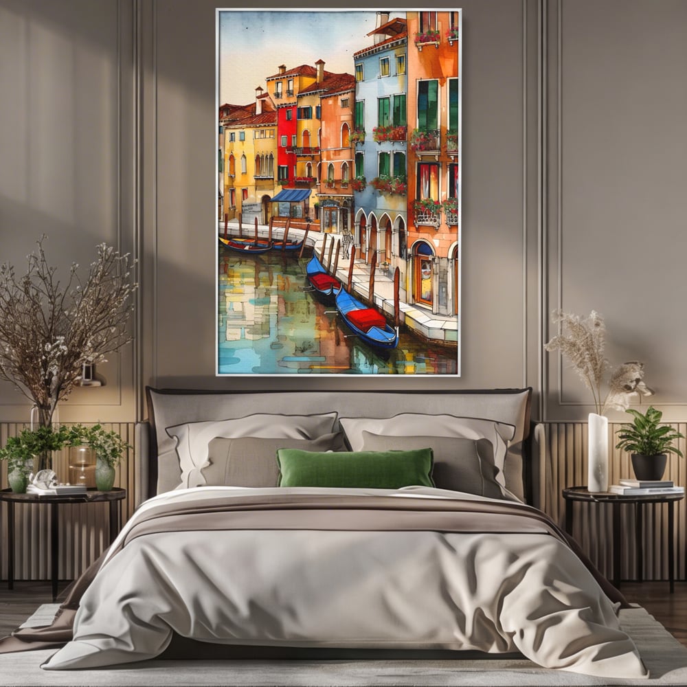 Tablou canvas cu pictura cu canal din venetia si gondole, in rama de aluminiu argintiu, pe perete intr-un dormitor
